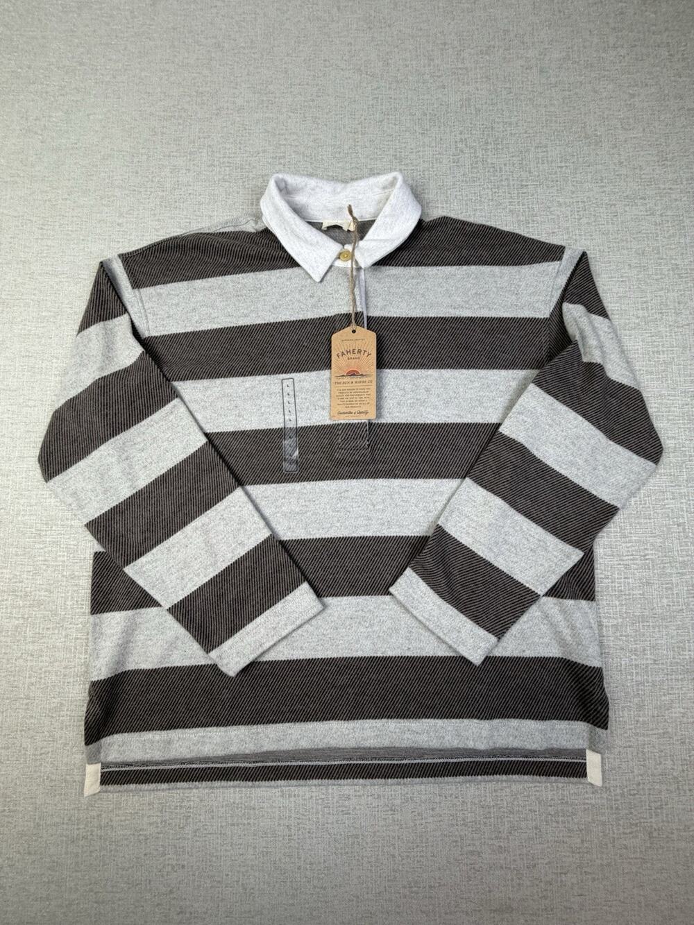 Faherty Legend Sweater Rugby Popover Men’s L Gray Mocha Stripe NWT $168